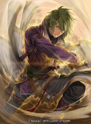 Rule 34 | 1boy, arm out of sleeve, boots, coat, commentary, company name, desert, drawing sword, fire emblem, fire emblem: radiant dawn, fire emblem cipher, full body, green eyes, green hair, holding, holding sheath, holding sword, holding weapon, jacket, male focus, nintendo, official art, outdoors, p-nekor, purple jacket, sand, sheath, solo, stefan (fire emblem), sword, weapon