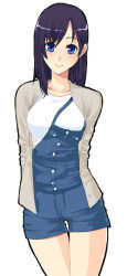 Rule 34 | 1girl, black hair, blue eyes, cardigan, original, overall shorts, overalls, solo, unasaka ryou