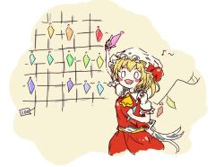 Rule 34 | 0 0, 1girl, :d, arm up, ascot, beamed eighth notes, blonde hair, blush stickers, breasts, cropped legs, crystal, fang, flandre scarlet, frilled shirt collar, frills, holding crystal, musical note, myui17901139, open mouth, red skirt, red vest, simple background, sketch, skin fang, skirt, skirt set, small breasts, smile, solo, touhou, v-shaped eyebrows, vest, wings, yellow ascot