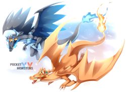 Rule 34 | absurdres, blue fire, charizard, copyright name, creatures (company), dragon, fire, flame-tipped tail, flying, game freak, gen 1 pokemon, highres, ivan (ffxazq), mega charizard x, mega charizard y, mega pokemon, nintendo, no humans, pikachu, pokemon, pokemon (creature), pokemon xy, tail, wings