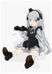 Rule 34 | 1girl, aged down, artist name, binoculars, black dress, black hairband, black ribbon, brown footwear, closed mouth, commentary, dress, english commentary, full body, girls&#039; frontline, green eyes, green hair, hair ornament, hair ribbon, hairband, hairclip, hand on floor, hat, highres, hk416 (black kitty&#039;s gift) (girls&#039; frontline), hk416 (girls&#039; frontline), holding, holding binoculars, long hair, long sleeves, looking at viewer, mini hat, official alternate costume, on floor, ribbon, shoes, socks, solo, sutekina awa, teardrop facial mark, teardrop tattoo, twintails, white background