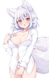Rule 34 | 1girl, animal ear fluff, animal ears, blush, breasts, buttons, collarbone, collared shirt, cowboy shot, grey hair, hair between eyes, inubashiri momiji, large breasts, long sleeves, looking at viewer, navel, open mouth, panties, red eyes, rururiaru, shirt, short hair, simple background, solo, tail, touhou, underwear, white background, white panties, white shirt, wolf ears, wolf tail