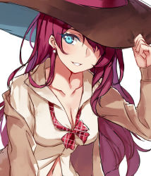 Rule 34 | 10s, 1girl, blue eyes, breasts, cleavage, close-up, collarbone, earrings, hat, ichinose shiki, idolmaster, idolmaster cinderella girls, jewelry, long hair, long sleeves, looking at viewer, off shoulder, pink hair, shirt, smile, solo, very long hair, witch hat, zi se