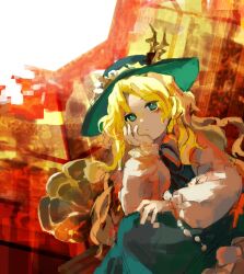 Rule 34 | 1girl, blonde hair, closed mouth, commentary request, dolls in pseudo paradise, expressionless, frilled sleeves, frills, green eyes, green hat, green skirt, green vest, hand on own cheek, hand on own face, hat, highres, jacket girl (dipp), kaigen 1025, long hair, long sleeves, phonograph, sitting, sketch, skirt, solo, touhou, vest, wavy hair