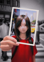 Rule 34 | 1girl, backpack, bag, brown eyes, brown hair, city, covering face, crosswalk, film grain, highres, holding, holding photo, looking at viewer, nizuma, original, partially colored, photo (object), red shirt, road, shirt, solo, street, t-shirt
