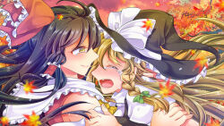 Rule 34 | 2girls, aicaoomori, autumn, autumn leaves, bare shoulders, black headwear, black vest, blonde hair, blush, bow, brown hair, closed mouth, crying, detached sleeves, facing another, frilled bow, frilled hair tubes, frilled headwear, frills, hair tubes, hakurei reimu, hand on another&#039;s arm, hat, hat bow, hat ribbon, kirisame marisa, long hair, looking at another, multiple girls, nose blush, open mouth, outdoors, puffy short sleeves, puffy sleeves, red bow, red shirt, ribbon, shirt, short sleeves, sleeveless, sleeveless shirt, streaming tears, tears, teeth, touhou, tree, upper body, vest, white bow, white ribbon, white shirt, witch hat, yellow eyes