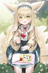 Rule 34 | 1girl, :d, absurdres, animal ears, arknights, blonde hair, blush, cardigan, day, extra ears, food, fork, fox ears, fox girl, fox tail, frilled hairband, frills, grass, green eyes, hairband, highres, holding, holding fork, jewelry, long sleeves, looking at viewer, lunchbox, multiple tails, open mouth, outdoors, red ribbon, ribbon, skirt, smile, solo, somray, suzuran (arknights), suzuran (spring praise) (arknights), tail