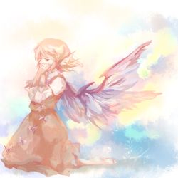 Rule 34 | 1girl, animal ears, barefoot, brown dress, covering own mouth, dress, feathered wings, female focus, floating hair, full body, jitome, kneeling, multicolored background, mystia lorelei, no headwear, pink hair, plant, short hair, solo, touhou, unagi77, vines, wind, wings
