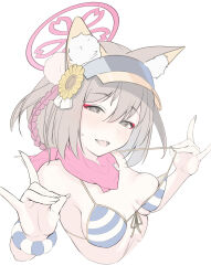 Rule 34 | 1girl, absurdres, animal ear fluff, animal ears, bandana, bare shoulders, bikini, bikini pull, black eyes, blue archive, blush, breasts, breasts apart, brown hair, clothes pull, cropped torso, eyeshadow, fang, fox ears, fox shadow puppet, halo, hands up, highres, izuna (blue archive), izuna (swimsuit) (blue archive), looking at viewer, makeup, open mouth, pale color, short hair, skin fang, small breasts, smile, solo, striped bikini, striped clothes, sweatdrop, swimsuit, underwear, unfinished, upper body, visor cap, yonemochi yume