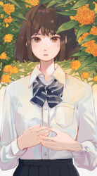 Rule 34 | 1girl, blue bow, blue bowtie, blue skirt, bow, bowtie, brown eyes, brown hair, collared shirt, expressionless, fingernails, flower, highres, leaf, long fingernails, long sleeves, looking at viewer, maria komaki, open collar, orange flower, original, osmanthus, parted lips, plant, pleated skirt, school uniform, shirt, short hair, skirt, solo, striped bow, striped bowtie, striped clothes, upper body, white shirt