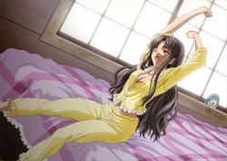 Rule 34 | 1girl, absurdres, alternate hairstyle, bed, bird, black hair, breasts, cleavage, clock, fate/stay night, fate (series), frills, hair down, highres, long hair, long legs, midriff, navel, on bed, one eye closed, open mouth, pajamas, penguin, sitting, sleepy, solo, stretching, tears, tohsaka rin, ueda makoto, unbuttoned, window, wink, yawning