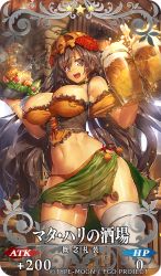 Rule 34 | 1girl, alcohol, bare shoulders, beer, beer mug, bikini, blue eyes, breasts, brown hair, card (medium), cleavage, company name, copyright name, copyright notice, craft essence (fate), cup, earrings, fate/grand order, fate (series), food, hoop earrings, jewelry, large breasts, long hair, looking at viewer, mata hari (fate), mata hari (mata hari&#039;s tavern) (fate), melon22, mug, navel, official art, side-tie bikini bottom, smile, solo, star (symbol), swimsuit, thighhighs, thighs, white thighhighs