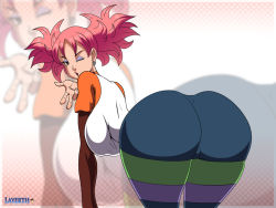 Rule 34 | 1girl, ass, bent over, black eyes, blowing kiss, breasts, capcom, eyeshadow, from behind, hanging breasts, huge ass, large breasts, layerth, leaning, leaning forward, long hair, looking at viewer, looking back, low twintails, makeup, mega man (series), mega man battle network, ms. madd (mega man), one eye closed, pink hair, short shorts, shorts, solo, striped legwear, twintails, wink