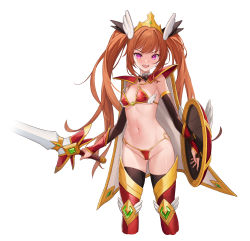 Rule 34 | 1girl, :d, absurdres, arm warmers, armor, armored boots, bare shoulders, bikini, bikini armor, black thighhighs, boots, bow, bowtie, breasts, brown hair, cape, cropped legs, crown, detached collar, gold trim, groin, hair ornament, highres, holding, holding shield, holding sword, holding weapon, long hair, looking at viewer, navel, open mouth, original, pink eyes, red bikini, sbbs, shield, shoulder armor, simple background, small breasts, smile, solo, stomach, string bikini, swimsuit, sword, thighhighs, thighs, twintails, v-shaped eyebrows, vambraces, very long hair, warrior, weapon, white background