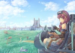 Rule 34 | 1girl, absurdres, bare shoulders, braid, brown hair, city, cloud, day, detached sleeves, eichisu, elbow gloves, gloves, goggles, goggles on head, grass, green eyes, highres, long hair, looking at viewer, original, sky, solo, twin braids