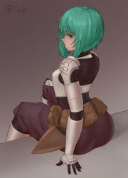 Rule 34 | 1girl, absurdres, armor, ass, boots, breastplate, from behind, gauntlets, green eyes, green hair, highres, looking at viewer, looking back, ourobot, pants, sei asagiri, short hair, sitting, solo, uniform, va-11 hall-a