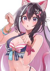 Rule 34 | 1girl, @-you (you 2023 8 16), animal ear fluff, animal ears, armband, azki (hololive), bikini, black hair, blush, bracelet, braid, breasts, cat ears, cat girl, cat tail, cleavage, colored inner hair, commentary request, double-parted bangs, extra ears, facial mark, flower, front-tie bikini top, front-tie top, hair between eyes, hair flower, hair intakes, hair ornament, hair ribbon, hairclip, half updo, halterneck, highleg, highleg bikini, highres, hololive, hololive summer 2023 swimsuit, jewelry, layered bikini, long hair, looking at viewer, medium breasts, mole, mole under eye, multicolored hair, navel, official alternate costume, open mouth, paw pose, pink hair, purple eyes, ribbon, sidelocks, simple background, solo, streaked hair, striped bikini, striped clothes, swimsuit, tail, upper body, very long hair, virtual youtuber, white background, white bikini, white hair, wrist wrap
