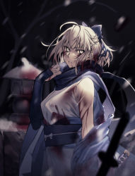 Rule 34 | 1girl, absurdres, ahoge, blood, blood on clothes, blood on face, bow, fate/grand order, fate (series), hair bow, haori, highres, hiro (hirohiro gorira), huge filesize, japanese clothes, katana, off shoulder, okita souji (fate), okita souji (koha-ace), scarf, snow, solo, sword, torn clothes, weapon
