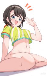 Rule 34 | 1girl, :d, absurdres, blush, bottomless, breasts, brown hair, commentary, crop top, dated, green eyes, hashira 14, highres, hololive, linea alba, looking at viewer, medium breasts, navel, notice lines, oozora subaru, oozora subaru (1st costume), open mouth, shirt, short hair, signature, simple background, smile, solo, striped clothes, striped shirt, swept bangs, vertical-striped clothes, vertical-striped shirt, virtual youtuber, w, w over eye, white background, yellow shirt