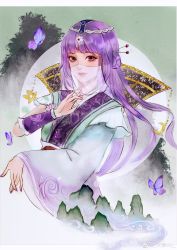 Rule 34 | 1girl, absurdres, armband, asymmetrical sleeves, bug, butterfly, circle, fei hua sui yu ka haixian, flower, hair ornament, hairpin, highres, insect, long hair, long sleeves, looking at viewer, lotus, mountain, purple hair, qinshi mingyue, second-party source, shao siming (qin shi ming yue), solo, veil