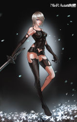 Rule 34 | 1girl, absurdres, android, armlet, arms at sides, bare shoulders, black footwear, black gloves, black shorts, black thighhighs, blue eyes, boots, breasts, breasts apart, closed mouth, collarbone, covered erect nipples, cowboy shot, elbow gloves, eyelashes, flower, full body, gloves, hair over one eye, highres, holding, holding sword, holding weapon, joints, katana, leg up, lily (flower), lips, medium breasts, nier:automata, nier (series), no mole, patterned clothing, pink lips, robot joints, short hair, short shorts, shorts, single thigh boot, sleeveless, solo, standing, standing on one leg, sword, t-kun, tank top, thigh boots, thighhighs, thighs, weapon, white flower, white hair, a2 (nier:automata)