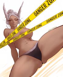 Rule 34 | 1girl, abs, absurdres, animal ears, black panties, boku no hero academia, breasts, caution tape, censored, character name, clothes writing, commentary, dark-skinned female, dark skin, hair bun, highres, large breasts, long eyelashes, long hair, looking at viewer, mirko, navel, panties, parted bangs, parted lips, rabbit ears, rabbit girl, red eyes, single hair bun, sitting, smile, solo, sora raion, spread legs, stomach, symbol-only commentary, tape censor, teeth, thick thighs, thighs, toned female, topless, twitter username, underwear, underwear only, upper teeth only, white hair