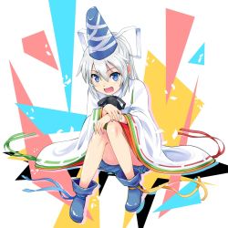 Rule 34 | 1girl, blue eyes, blue footwear, blue ribbon, boots, green ribbon, hands on own knees, haniwa (leaf garden), hat, hat ribbon, highres, japanese clothes, kariginu, long hair, long sleeves, looking at viewer, mononobe no futo, open mouth, ponytail, red ribbon, ribbon, ribbon-trimmed sleeves, ribbon trim, footwear ribbon, sitting, skirt, smile, solo, tate eboshi, touhou, white hair, white ribbon, wide sleeves, yellow ribbon