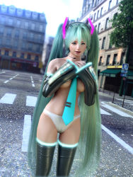 Rule 34 | 00s, 1girl, 3d, between breasts, breasts, green hair, hatsune miku, incise soul, looking at viewer, m-rs, necktie, necktie between breasts, solo, standing, thighhighs, twintails, vocaloid