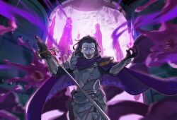 1boy armor black_gloves cape colored_skin cross fate/grand_order fate_(series) gilles_de_rais_(saber)_(fate) gloves glowing hakohako-does highres holding holding_sword holding_weapon key male_focus motion_blur open_door purple_cape reverse_grip sword tentacles weapon white_skin