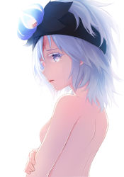 Rule 34 | 10s, 1girl, birthmark, blue eyes, breasts, colored eyelashes, crying, crying with eyes open, eyepatch, flamie speeddraw, flower, from behind, hair flower, hair ornament, heterochromia, looking at viewer, looking back, nude, pink eyes, qunqing, rokka no yuusha, short hair, simple background, small breasts, solo, tears, upper body, white background, colored eyelashes, white hair