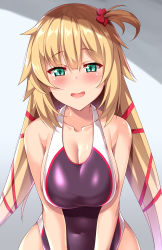 Rule 34 | 1girl, :d, absurdres, akai haato, bare arms, bare shoulders, black one-piece swimsuit, blonde hair, blush, breasts, cleavage, collarbone, commentary request, competition swimsuit, covered navel, green eyes, grey background, hair between eyes, hair ornament, hair ribbon, heart, heart hair ornament, highres, hololive, kuragari, large breasts, long hair, looking at viewer, one-piece swimsuit, one side up, open mouth, red ribbon, ribbon, smile, solo, swimsuit, very long hair, virtual youtuber
