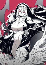 Rule 34 | 1girl, demon girl, floating hair, greyscale, highres, looking at viewer, monochrome, nun, original, red background, red eyes, simple background, solo, spot color, standing, takatsuki ichi