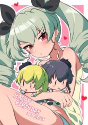 Rule 34 | 1girl, anchovy (girls und panzer), bad id, bad twitter id, birthday, black ribbon, camisole, carpaccio (girls und panzer), character doll, closed mouth, commentary, dated, doll, drill hair, frown, girls und panzer, glaring, green hair, hair ribbon, half-closed eyes, happy birthday, heart, highres, holding, holding doll, long hair, looking at viewer, ngetyan, outline, panties, pepperoni (girls und panzer), red eyes, ribbon, shirt, sleepwear, solo, twin drills, twintails, underwear, underwear only, white outline, white panties, yellow shirt