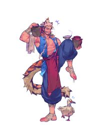 Rule 34 | 1boy, absurdres, anger vein, animal, animal ears, animal on head, armpit peek, bandaged arm, bandaged foot, bandages, bara, beard, bird, bird on head, bottle, carrying over shoulder, drunk, drunk tiger (kuro), duck, facial hair, fish in mouth, full body, hair slicked back, highres, kuroshima kurishiro (muyi24108414), male focus, mature male, multicolored hair, muscular, muscular male, mustache stubble, notice lines, on head, original, pectoral cleavage, pectorals, pelvic curtain, sake bottle, scar, scar on chest, short hair, sidepec, solo, standing, standing on one leg, stubble, tail, tiger boy, tiger ears, tiger tail, tokkuri, two-tone hair, white hair