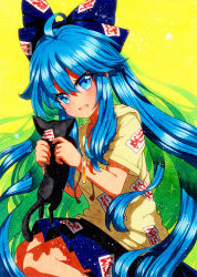 Rule 34 | 1girl, :d, animal, bad id, bad pixiv id, beige hoodie, black cat, blue bow, blue eyes, blue hair, blue skirt, bow, cat, hair bow, holding, holding animal, holding cat, long hair, looking at animal, ofuda, ofuda on clothes, open mouth, pleated skirt, qqqrinkappp, short sleeves, skirt, smile, touhou, traditional media, very long hair, yellow background, yorigami shion