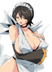 Rule 34 | 1girl, apron, arms under breasts, black hair, breasts, cleavage, hair ornament, hairclip, hand on own chest, highres, huge breasts, iroha (samurai spirits), leotard, leotard under clothes, looking at viewer, maid, maid headdress, open mouth, revealing clothes, sakura naomiki, samurai spirits, shiny skin, sideboob, simple background, smile, snk, solo, standing, thong leotard, wide hips