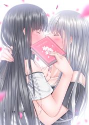 Rule 34 | 2girls, bare shoulders, black hair, black shirt, blunt bangs, blurry, blurry background, blurry foreground, blush, book, censored kiss, closed eyes, collarbone, commentary, couple, covering privates, depth of field, facing another, female focus, fingernails, french text, hair between eyes, hand on another&#039;s shoulder, highres, holding, holding book, hug, kiss, lino (lilyparty07), long hair, multiple girls, nose blush, off-shoulder shirt, off shoulder, original, petals, profile, shirt, short sleeves, silver hair, simple background, upper body, very long hair, white background, white shirt, yuri