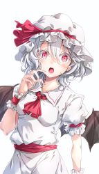 Rule 34 | 1girl, :o, ascot, bat wings, blush, breasts, collarbone, collared dress, darjeeling (reley), dress, fang, frilled cuffs, hair between eyes, hand up, hat, hat ribbon, highres, medium breasts, mob cap, open mouth, red ascot, red eyes, red ribbon, remilia scarlet, ribbon, short hair, short sleeves, simple background, solo, teeth, touhou, upper body, upper teeth only, white background, white dress, white hair, white hat, wings, wrist cuffs