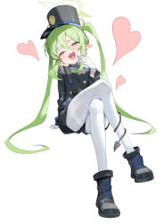 Rule 34 | 1girl, absurdres, black footwear, black hat, black jacket, black shorts, blue archive, blush, boots, buttons, double-breasted, earrings, fang, full body, gloves, green hair, hat, heart, nozomi (blue archive), highres, jacket, jewelry, long hair, long sleeves, looking at viewer, open mouth, pantyhose, peaked cap, pointy ears, sb lama, shorts, simple background, single earring, skin fang, smile, solo, twintails, white background, white gloves, white pantyhose, yellow eyes