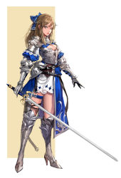 Rule 34 | 1girl, armor, belt, blue bow, boots, bow, breasts, brown hair, cleavage, full body, gauntlets, greaves, grey eyes, hair bow, high heel boots, high heels, highres, holding, holding sword, holding weapon, looking at viewer, medium breasts, original, puffy sleeves, solo, standing, sword, thigh strap, weapon, white background, yeonjun park