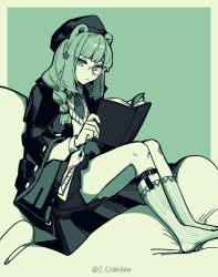 Rule 34 | 1girl, animal ears, arknights, bear ears, beret, black skirt, book, braid, full body, glasses, green background, green eyes, green hair, green theme, hat, highres, holding, holding book, istina (arknights), jacket, looking at viewer, mirin chikuwa, monocle, necktie, open clothes, open jacket, pince-nez, pleated skirt, school uniform, simple background, sitting, skirt, socks, solo, vest