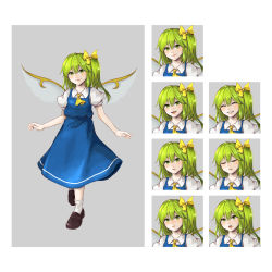 Rule 34 | 1girl, angry, ascot, black footwear, blue dress, blush, border, bow, character name, closed eyes, closed mouth, collared shirt, commentary request, copyright name, daiyousei, dress, embodiment of scarlet devil, expression chart, fairy wings, full body, green eyes, green hair, grey border, hair bow, happy, highres, hoshiringo0902, lips, loafers, medium hair, open mouth, pinafore dress, puffy short sleeves, puffy sleeves, sad, shirt, shoes, short sleeves, side ponytail, simple background, sleeveless dress, smile, socks, solo, standing, surprised, touhou, v-shaped eyebrows, white background, white shirt, white socks, wings, yellow ascot, yellow bow