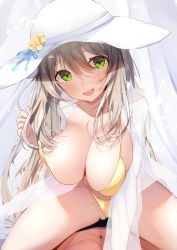 Rule 34 | 1boy, 1girl, :d, bad id, bad pixiv id, bikini, blonde hair, blue archive, blush, breasts, cleavage, green eyes, hair between eyes, halterneck, hand up, hat, highres, large breasts, long sleeves, looking at viewer, navel, nidaime (doronbo), nonomi (blue archive), nonomi (swimsuit) (blue archive), open mouth, see-through, see-through shirt, sitting, sitting on person, smile, solo focus, spread legs, straddling, strap pull, swimsuit, thighs, white headwear, yellow bikini