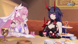 Rule 34 | 2girls, ahoge, armor, black hair, breasts, cake, candy, cleavage, couch, cup, elf, elysia (honkai impact), elysia (miss pink elf) (honkai impact), food, gloves, hand on own cheek, hand on own face, hand on table, highres, holding, holding cup, honkai (series), honkai impact 3rd, horns, large breasts, logo, long hair, looking at another, multiple girls, official art, official wallpaper, open mouth, pink eyes, pink hair, pointy ears, raiden mei, raiden mei (herrscher of thunder), red horns, shoulder armor, sitting, smile, talking, white gloves, white headwear