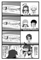 Rule 34 | 10s, 4koma, 5girls, :3, ^^^, ahoge, anger vein, angry, bowl, braid, comic, eyepatch, closed eyes, fang, fish, fish bone, greyscale, highres, inishie, jitome, kantai collection, kiso (kancolle), kitakami (kancolle), kuma (kancolle), long hair, miso soup, monochrome, multiple girls, ooi (kancolle), open mouth, own hands together, pointing, rice, rice bowl, saury, school uniform, serafuku, soy sauce, sweatdrop, tama (kancolle), wavy mouth