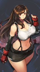 Rule 34 | 1girl, armor, bare shoulders, black skirt, breasts, brown hair, cleavage, clenched hands, closed mouth, curvy, elbow pads, final fantasy, final fantasy vii, fingerless gloves, fingernails, gloves, gurimjang, hand up, highres, large breasts, lips, long hair, looking at viewer, low-tied long hair, midriff, miniskirt, nail polish, navel, parted bangs, red eyes, shiny clothes, simple background, skirt, smile, solo, stomach, suspenders, tank top, thick thighs, thighs, tifa lockhart, very long hair, white tank top, wide hips