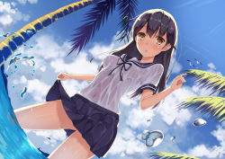 Rule 34 | 10s, 1girl, ahoge, black hair, black skirt, breasts, brown eyes, cloud, cloudy sky, coconut tree, day, hatsu (first snow), kantai collection, medium breasts, navel, neck ribbon, palm tree, pleated skirt, ribbon, school uniform, see-through, see-through silhouette, serafuku, skirt, sky, solo, thighhighs, tree, ushio (kancolle), water, water drop