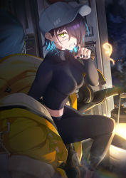 Rule 34 | 1girl, absurdres, arknights, asbestos (arknights), baseball cap, behalter, black hair, black nails, black pants, black shirt, blouse, blue hair, breasts, coat, eyepatch, feet out of frame, green eyes, hair over one eye, hat, headphones, headphones removed, highres, infection monitor (arknights), lantern, light particles, long sleeves, looking at viewer, medium breasts, multicolored hair, nail polish, pants, parted lips, saliva, sharp teeth, shield, shirt, short hair, solo, tail, taut clothes, taut shirt, teeth, two-tone hair, unworn coat, white hat, yellow coat, yoga pants