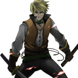 Rule 34 | 00s, 1boy, 70sk, blonde hair, blue eyes, choker, gloves, guy cecil, male focus, sheath, smile, solo, sword, tales of (series), tales of the abyss, weapon, white background