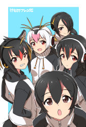 Rule 34 | &gt;:), 10s, 5girls, :&lt;, :d, :o, aqua background, black hair, blush, border, breasts, brown eyes, collar, copyright name, cowboy shot, drawstring, emperor penguin (kemono friends), fang, from side, gentoo penguin (kemono friends), grin, hair between eyes, hair over one eye, hands in pockets, headphones, highres, hood, hoodie, humboldt penguin (kemono friends), kemono friends, long hair, long sleeves, looking at viewer, medium breasts, minowa sukyaru, multicolored hair, multiple girls, open mouth, outside border, pink hair, portrait, red eyes, red hair, rockhopper penguin (kemono friends), royal penguin (kemono friends), short hair, simple background, smile, tareme, teeth, tsurime, two-tone hair, v-shaped eyebrows, white border, white hair, zipper